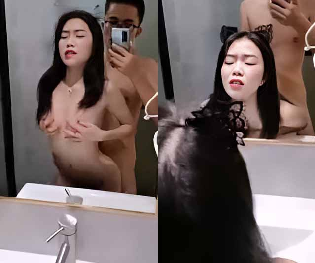 鏡の前に立ってお互いをセックスする若いカップル